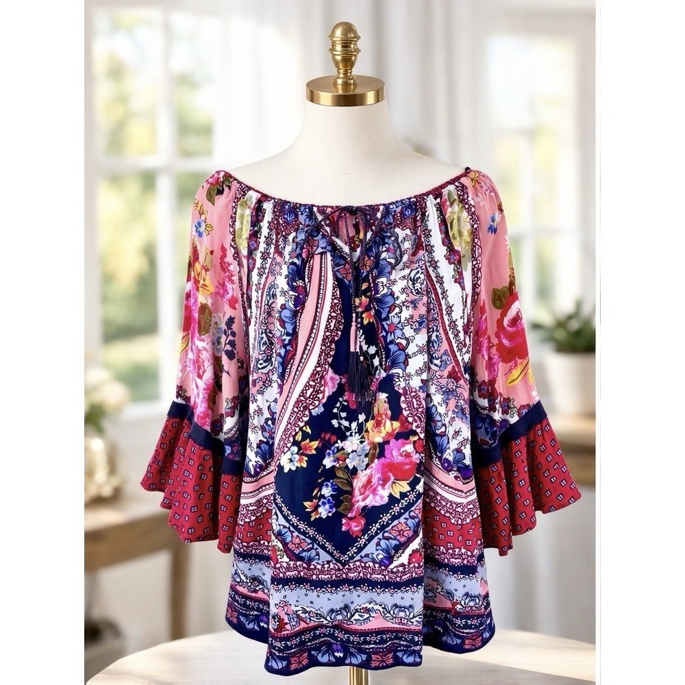 Bila Boho Peasant Top Off Shoulder 2x XXL Red Vibrant Patchwork 3/4 Bell Sleeves